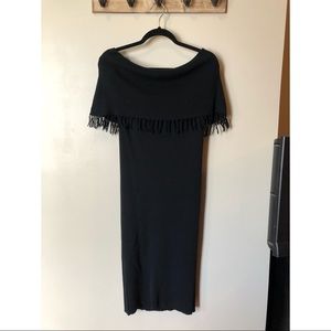 M OFF THE SHOULDER FRINGE SWEATER DRESS MIDI